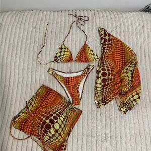 4 piece Orange and Green Geometric Print String Bikini Set